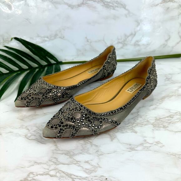 Badgley Mischka Gigi Pewter Crystal Pointed Toe Flat Shoes Size 7.5 - Picture 2 of 11
